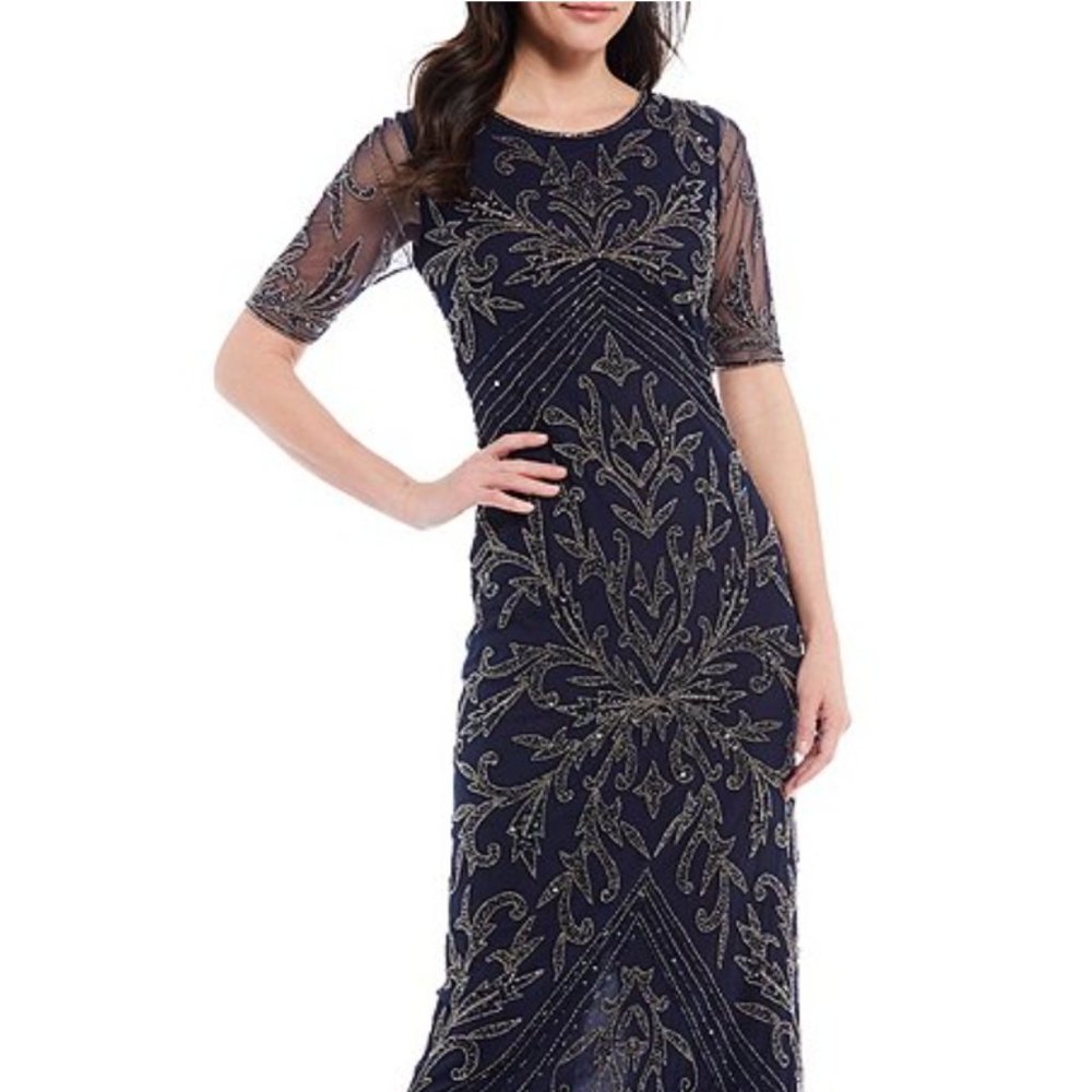 NWOT Pissarro Night Short Sleeve Beaded Mesh Gown